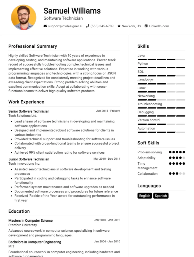 Software Technician CV Example