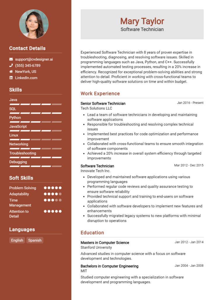Software Technician Resume Example