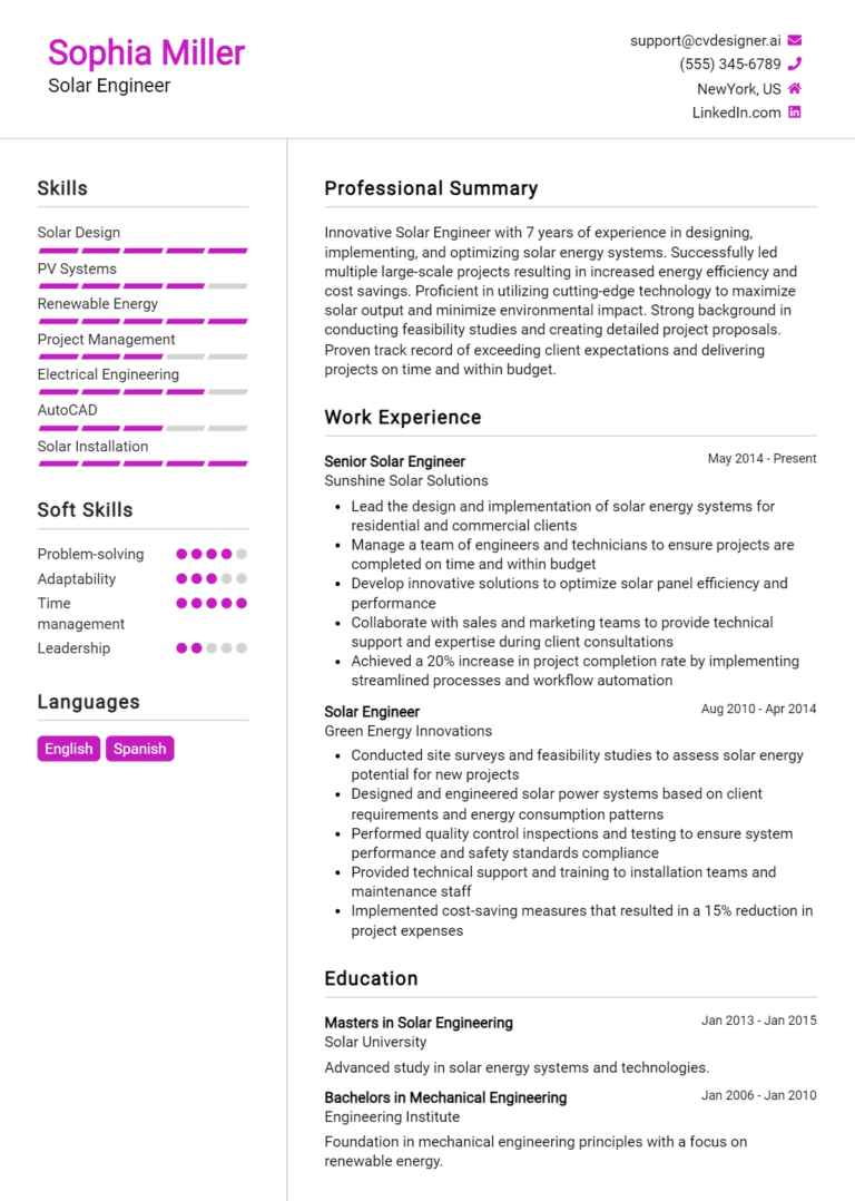 Solar Engineer Resume Example for 2025: Strategies & Templates