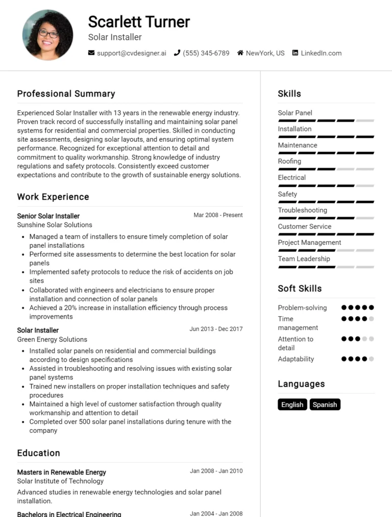 Solar Installer CV Example For 2025: Top CV Skills
