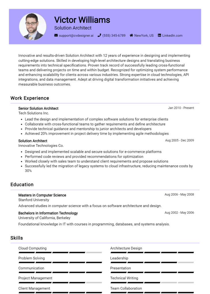 16 Solutions Architect Examples And Templates for 2024 - CVDesigner.ai