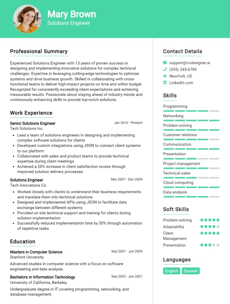 Solutions Engineer CV Example For 2025: Best Writing Guide