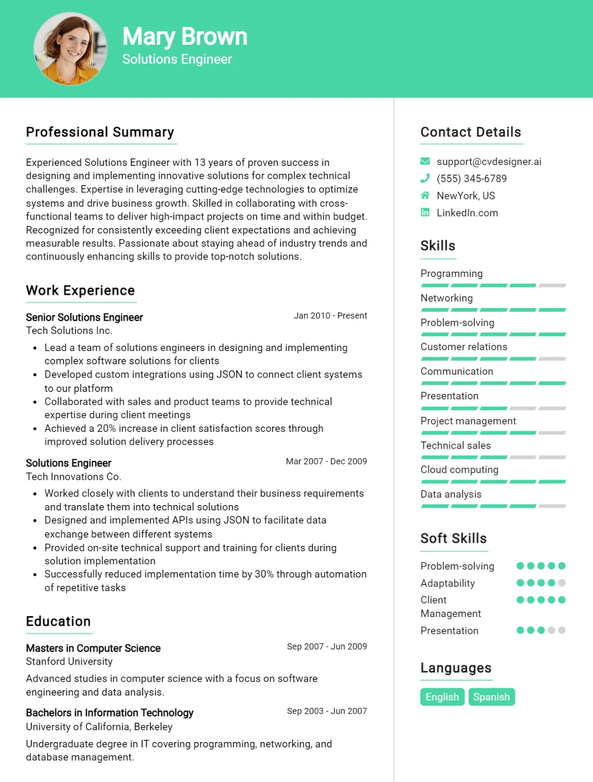 Solutions Engineer CV Example