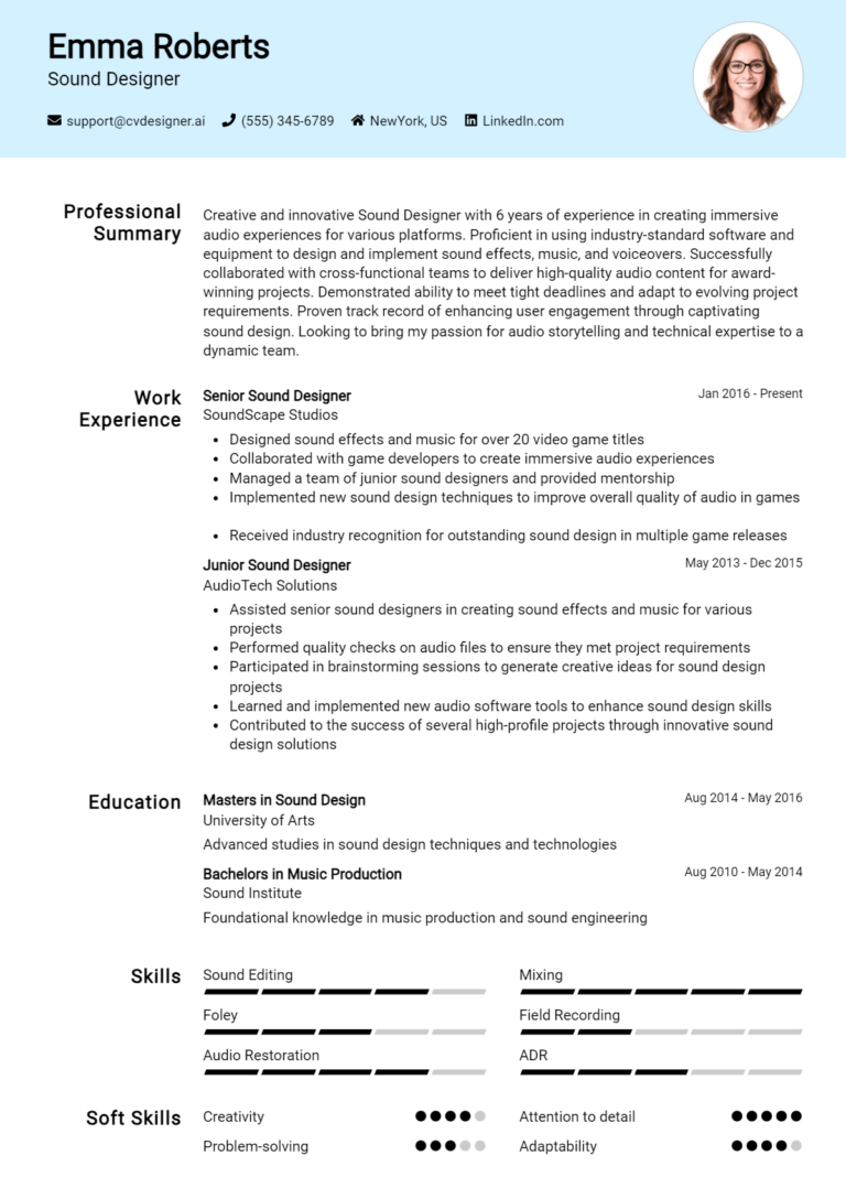 Sound Designer Resume Example for 2025: Free Samples