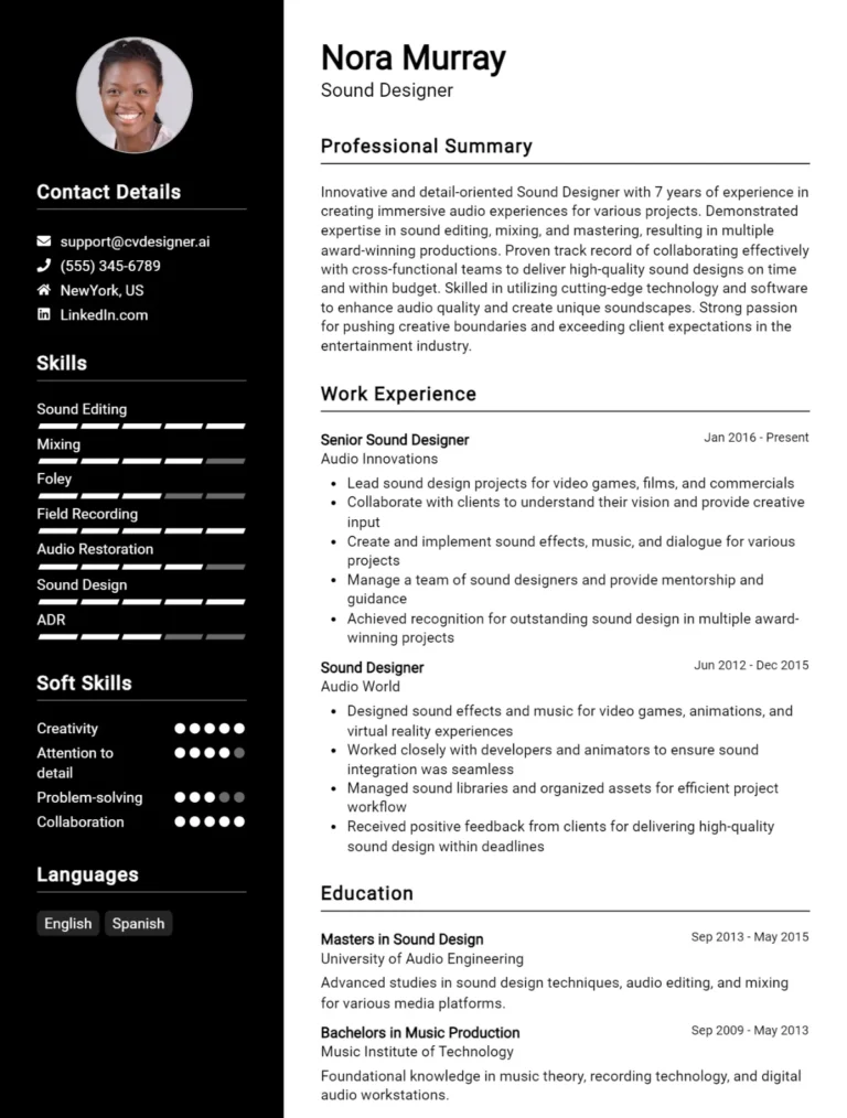 Sound Designer CV Example For 2025: Best Writing Guide