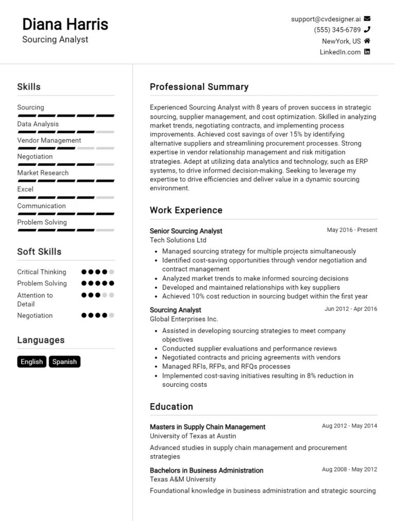 Sourcing Analyst CV Example For 2025: Free Downloadable Templates