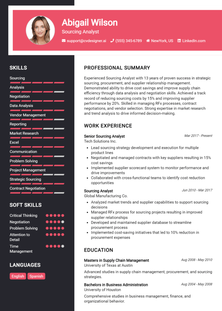 Sourcing Analyst Resume Example for 2025: Top CV Skills