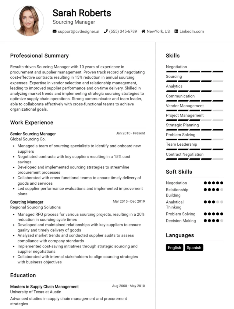 Sourcing Manager CV Example For 2025: Examples & Free Templates