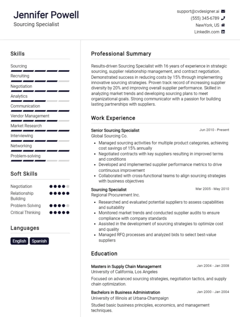 Sourcing Specialist CV Example For 2025: Free Downloadable Templates