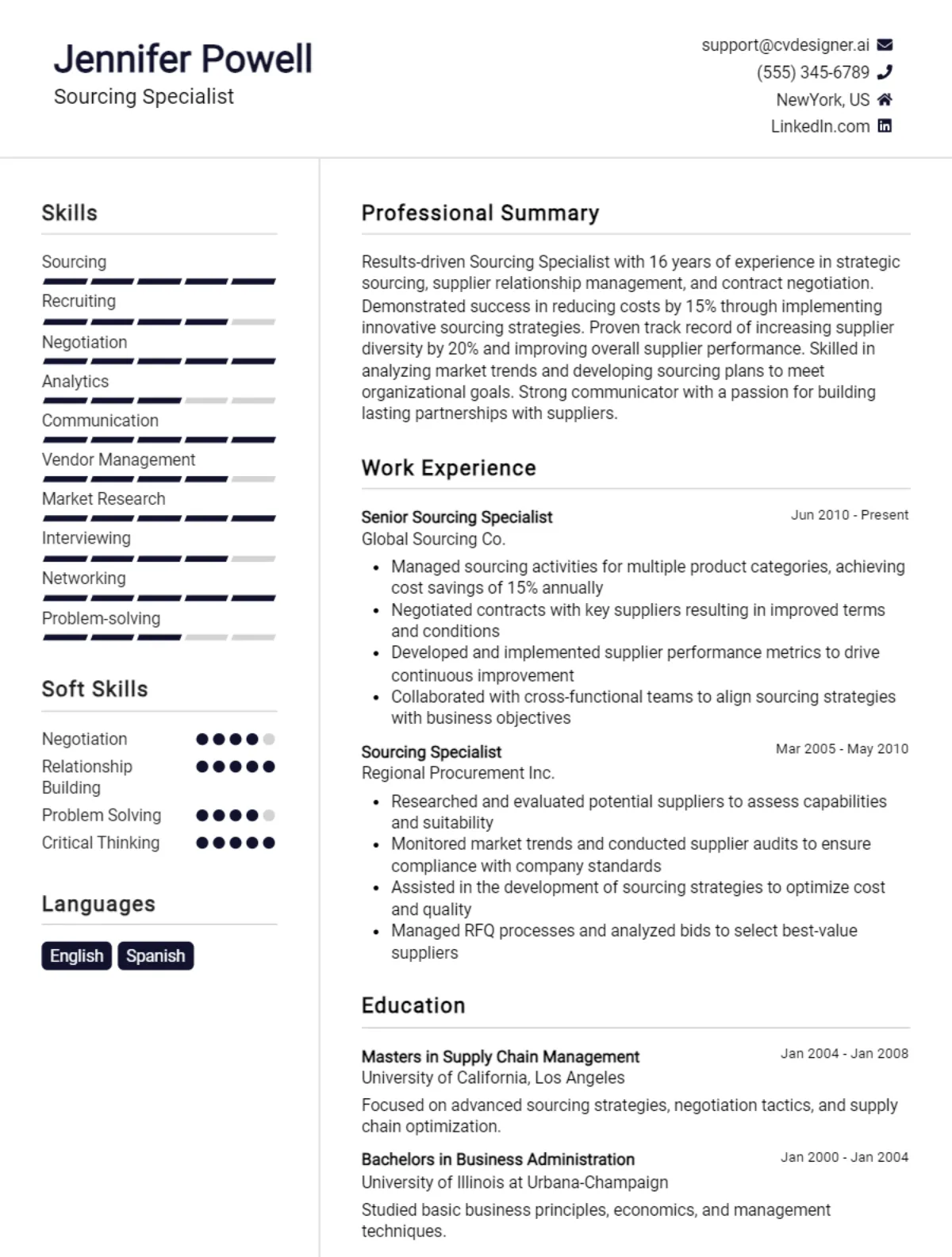 Sourcing Specialist CV Example