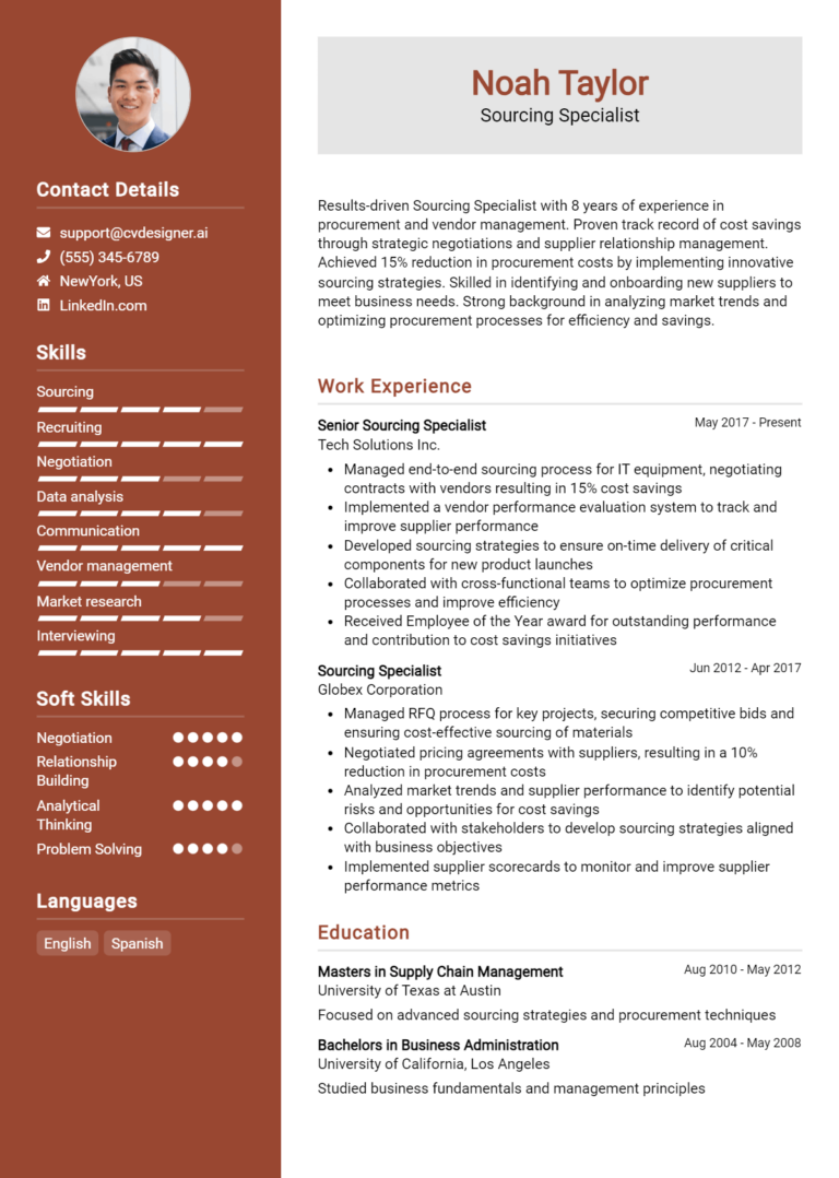 Sourcing Specialist Resume Example for 2025: Downloadable Templates