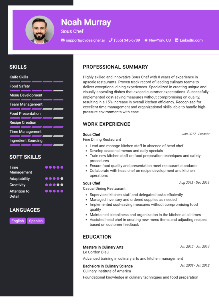 Sous Chef Resume Example for 2025: Free Examples