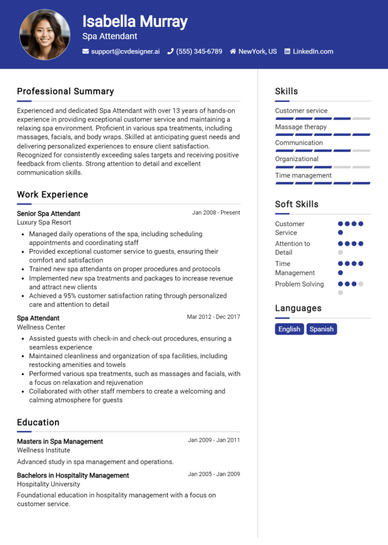 Spa Attendant Resume Example for 2025: Free Professional Templates