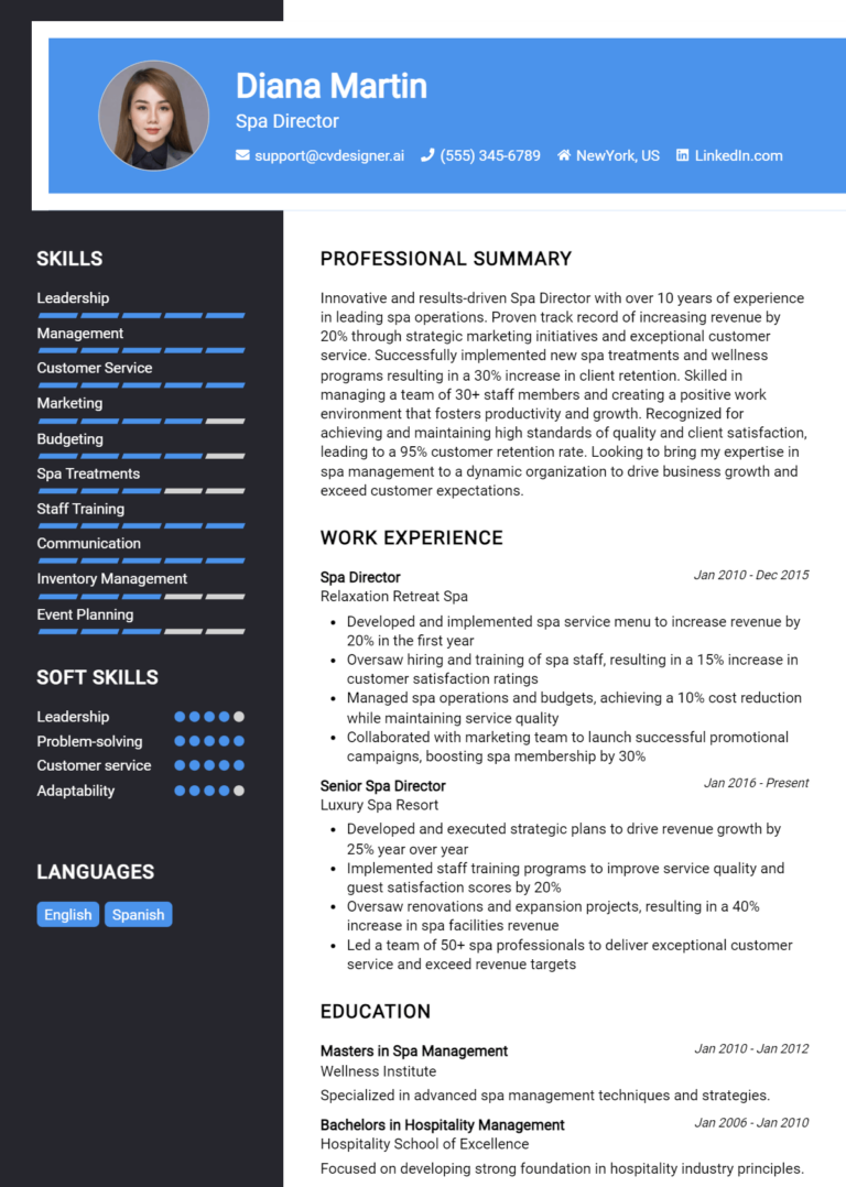 Spa Director Resume Example for 2025: Best Tips & Templates