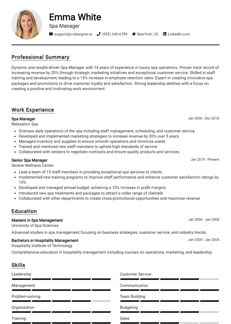 Spa Manager Resume Example for 2025: Strategies & Templates