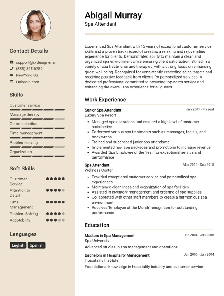 Spa Attendant CV Example For 2025: Best Formatting Tips