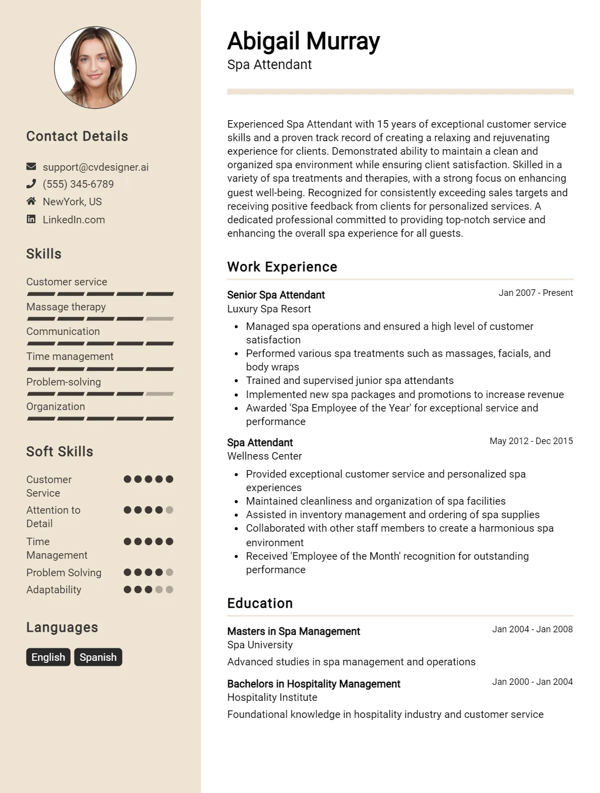 Spa Attendant CV Example