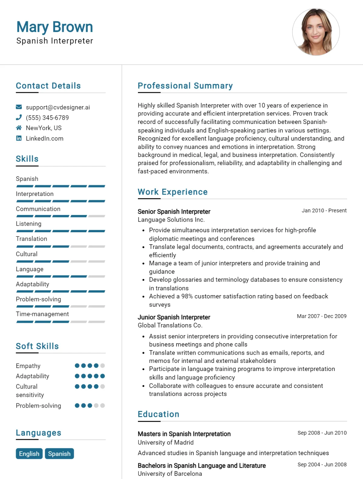 Spanish Interpreter CV Example
