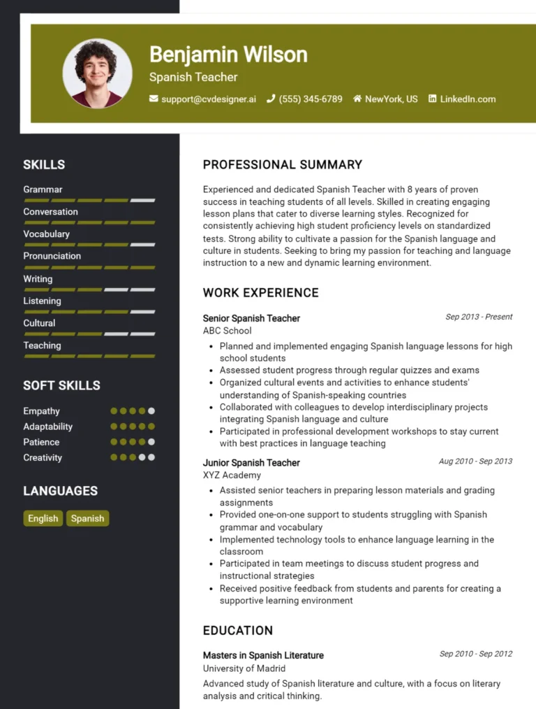 Spanish Teacher CV Example For 2025: Professional CV Templates
