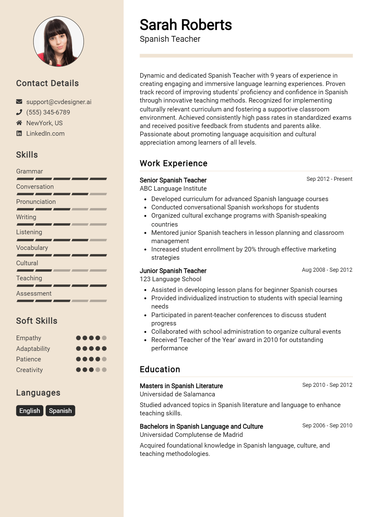 Spanish Teacher Resume Example
