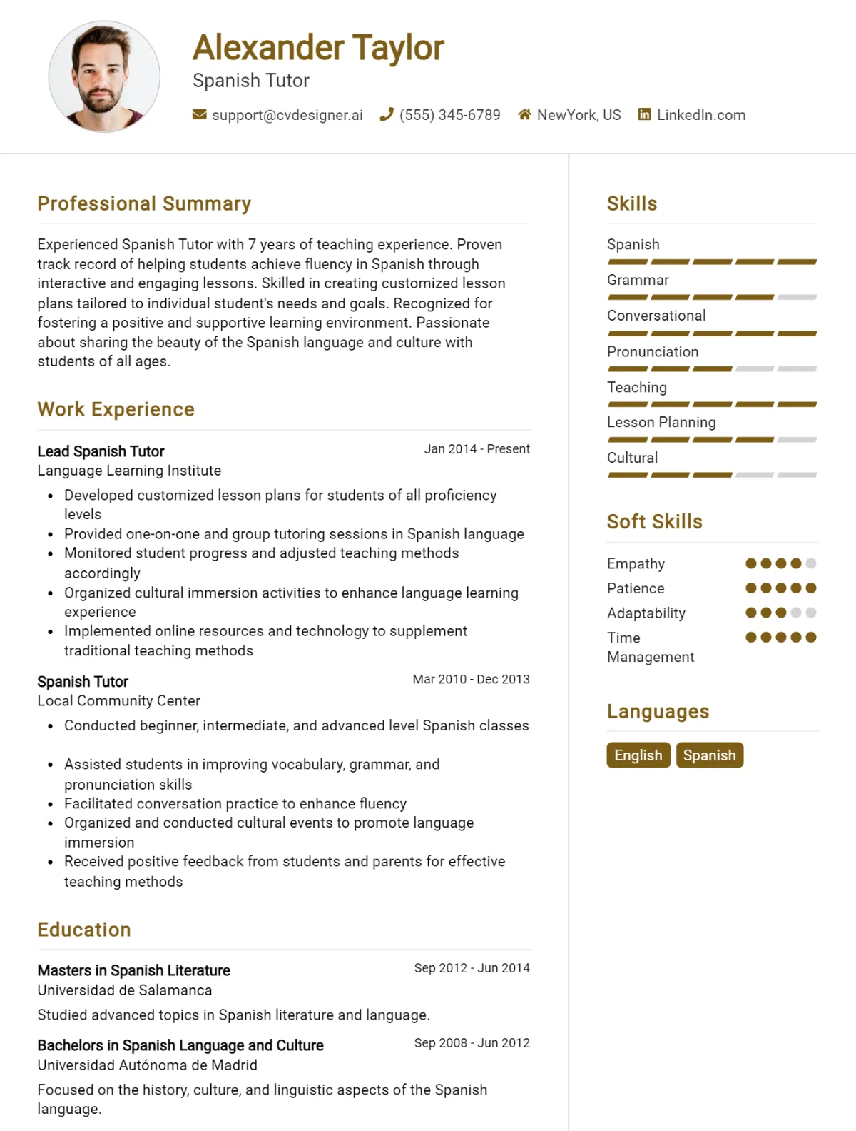 Spanish Tutor CV Example