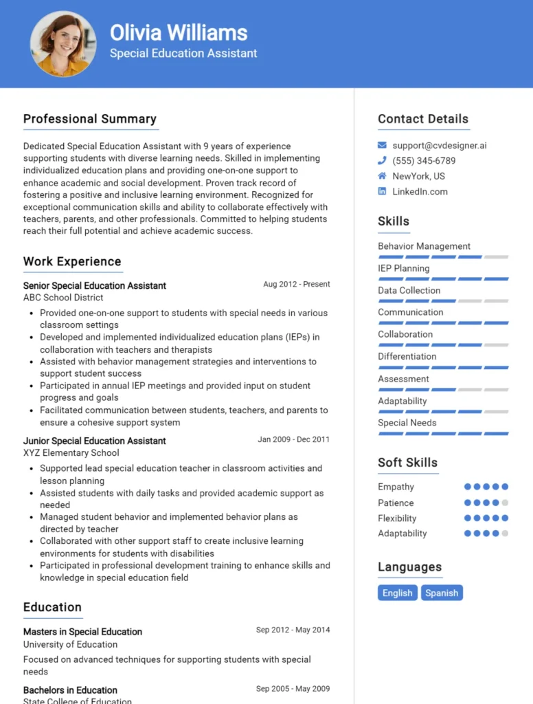 Special Education Assistant CV Example