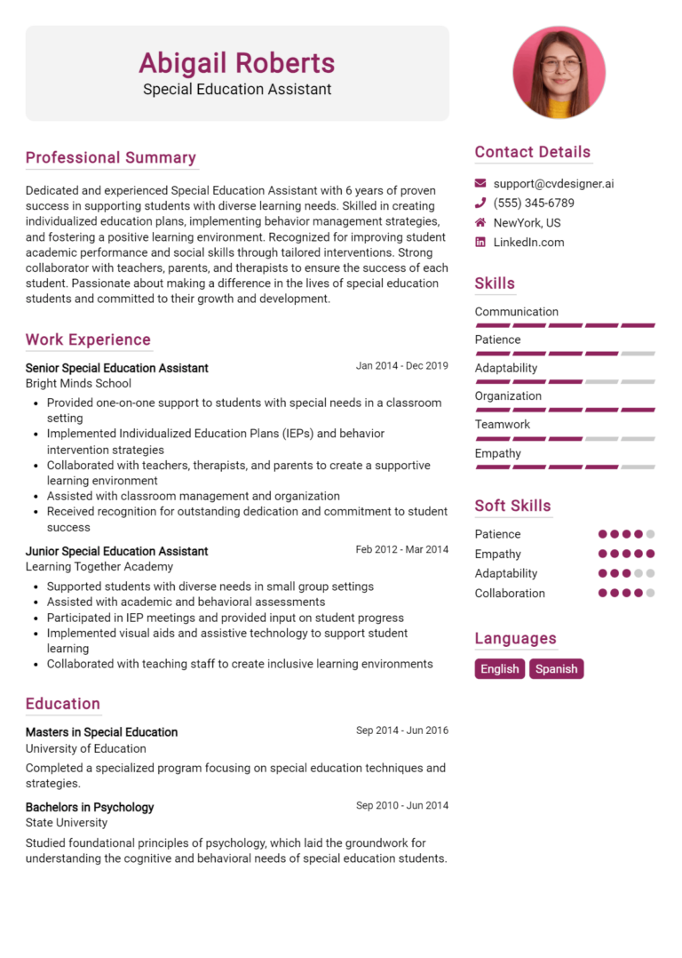 Special Education Assistant Resume Example for 2025: Effective CV Writing Tips
