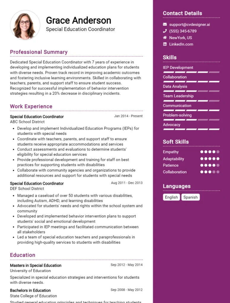 Special Education Coordinator CV Example