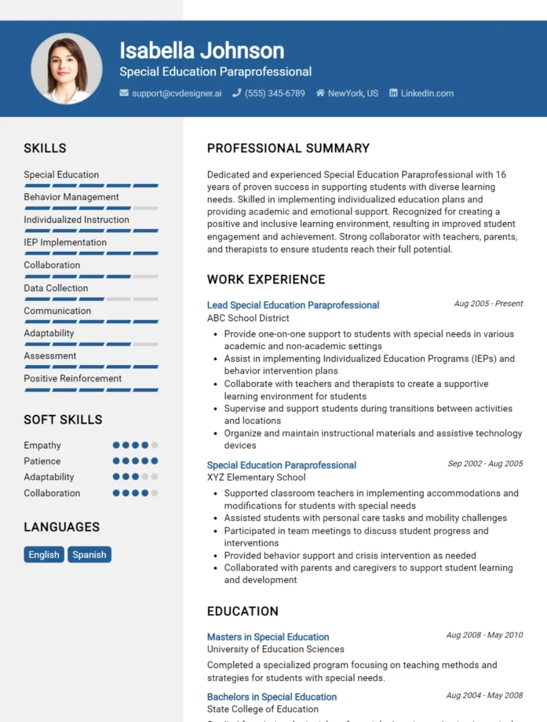 Special Education Paraprofessional CV Example