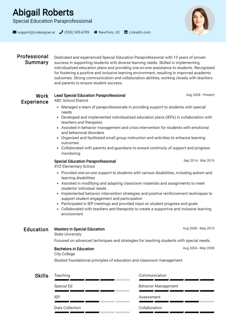 Special Education Paraprofessional Resume Example for 2025: Tips to Stand Out
