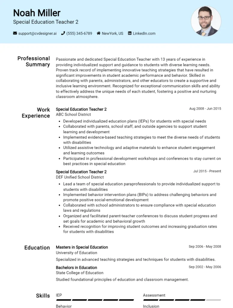 Special Education Teacher 2 CV Example