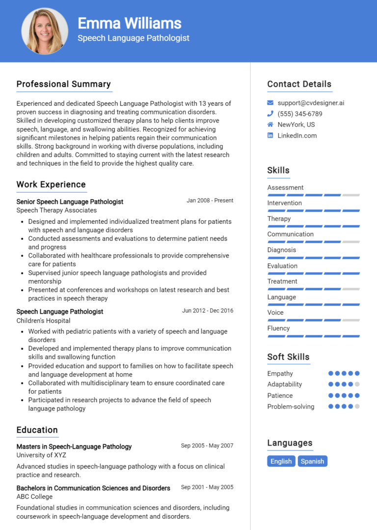 Speech Language Pathologist Resume Example for 2025: Professional CV Templates 1 Speech Language Pathologist Resume Example for 2025: Professional CV Templates