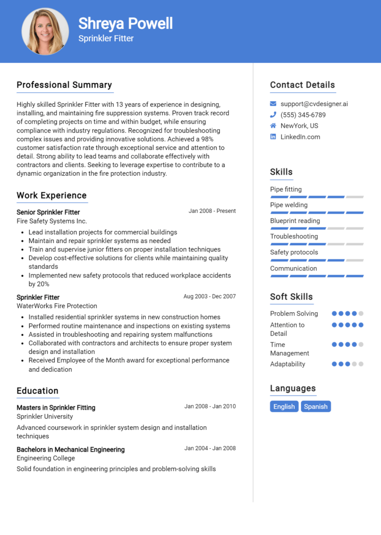 Sprinkler Fitter Resume Example for 2025: Expert Tips & Templates