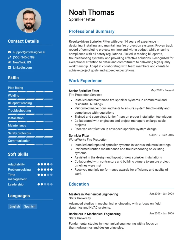 Sprinkler Fitter CV Example For 2025: Best Writing Guide