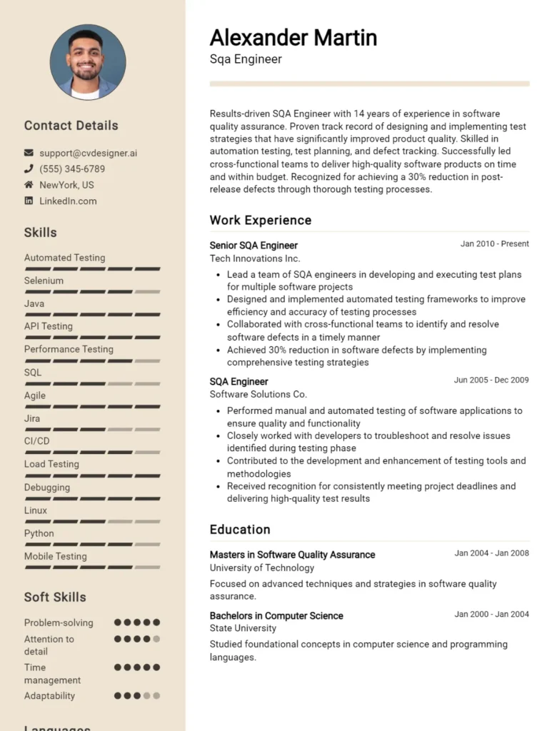 Sqa Engineer CV Example