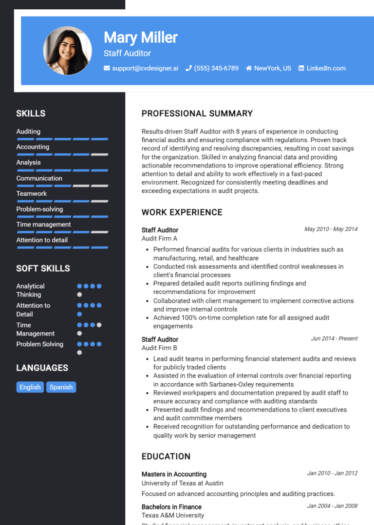 Staff Auditor Resume Example for 2025: Best Writing Guide