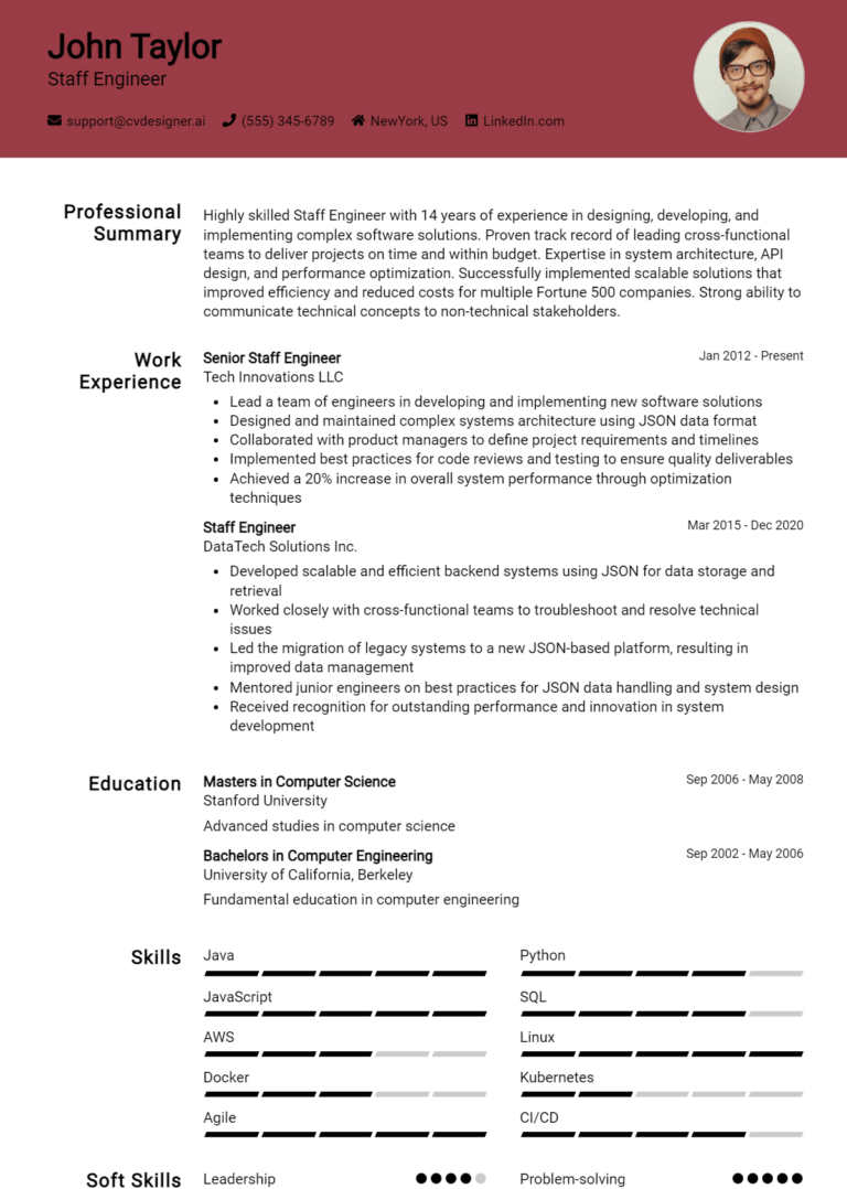Staff Engineer Resume Example for 2025: Free Templates