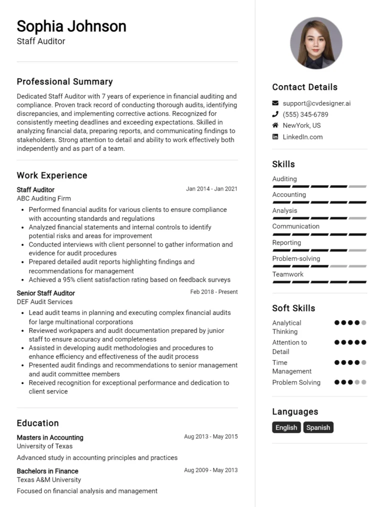 Staff Auditor CV Example For 2025: Proven Tips & Templates