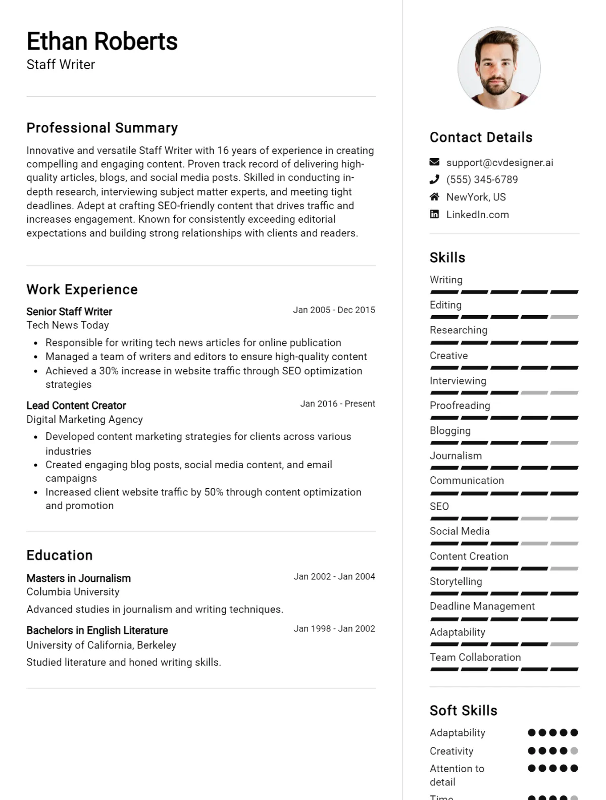 Staff Writer CV Example