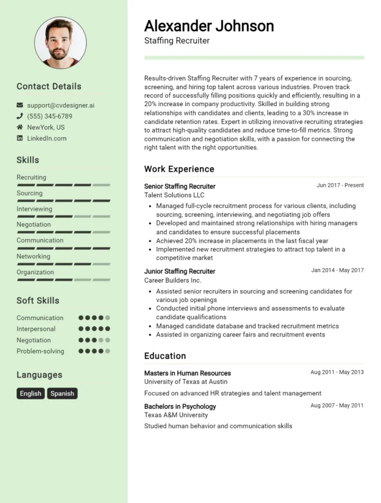 Staffing Recruiter CV Example For 2025: Free Downloadable Templates