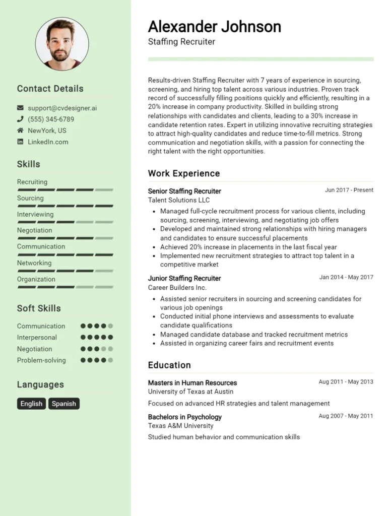 Staffing Recruiter CV Example