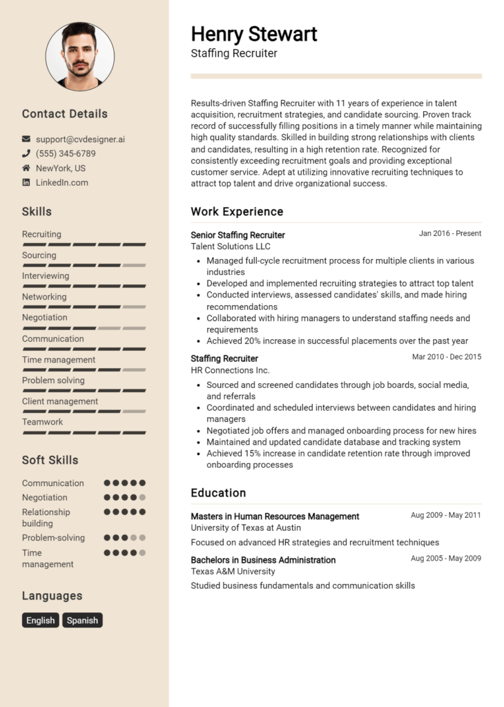 Staffing Recruiter Resume Example for 2024: Free Templates - CVDesigner.ai