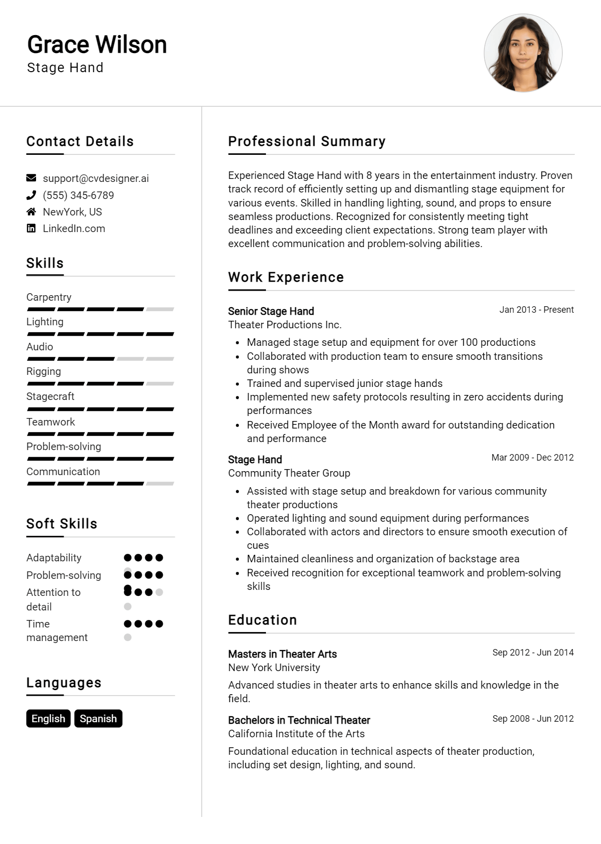Stage Hand Resume Example