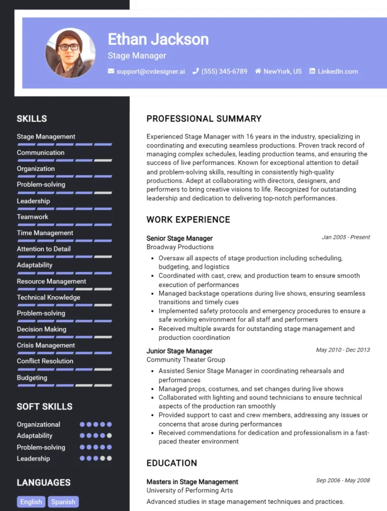 Stage Manager CV Example For 2025: Free Downloadable Templates