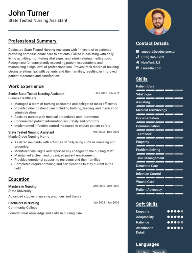 State Tested Nursing Assistant CV Example