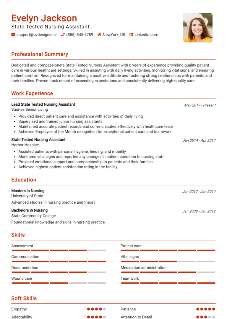 State Tested Nursing Assistant Resume Example for 2025: Top CV Skills