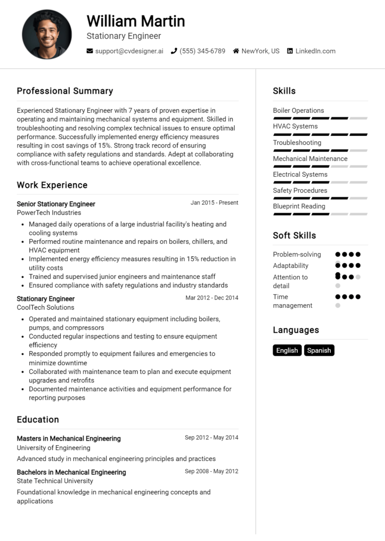 Stationary Engineer Resume Example for 2025: Effective CV Writing Tips