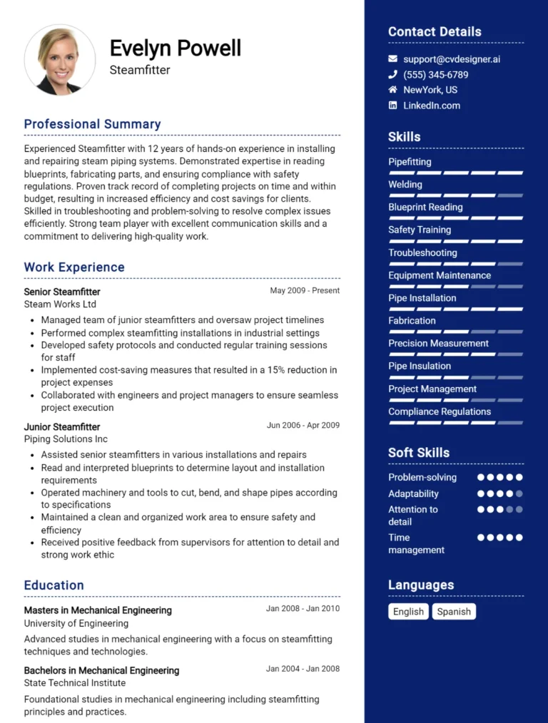 Steamfitter CV Example For 2025: Examples & Free Templates