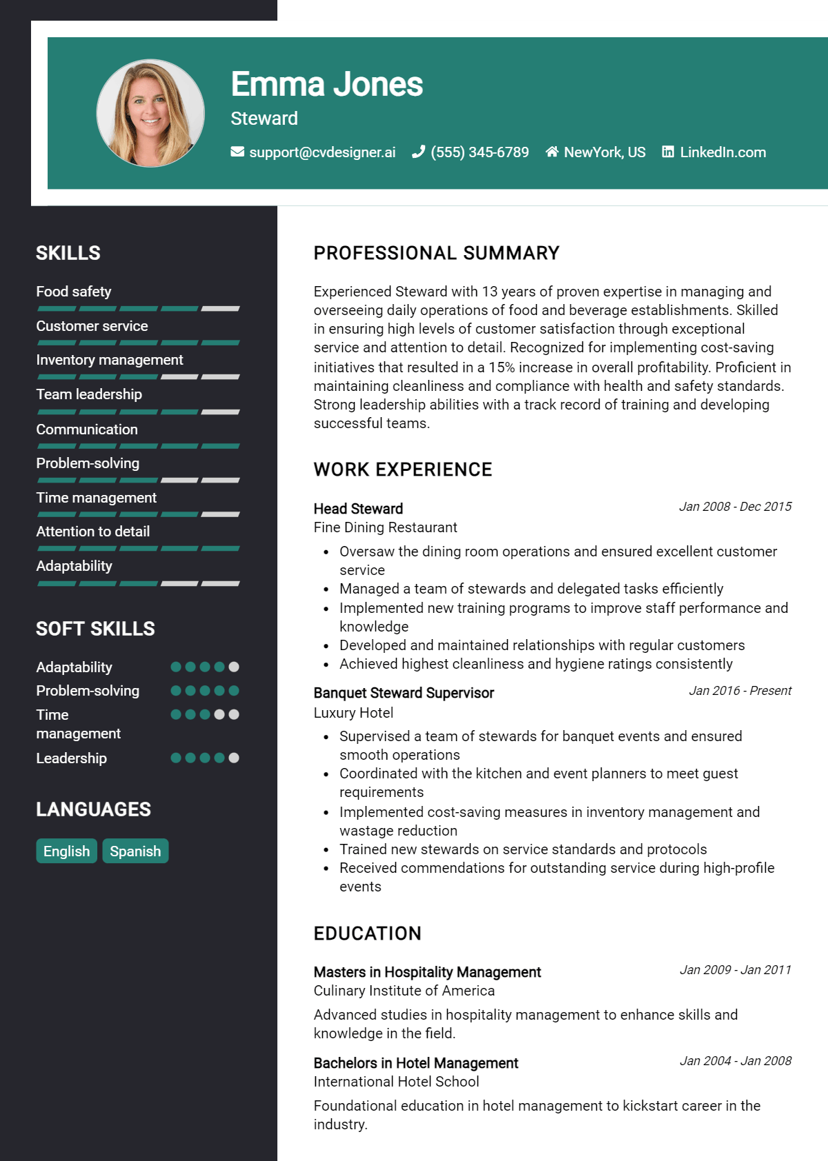 Steward Resume Example for 2024: Best Tips - CVDesigner.ai