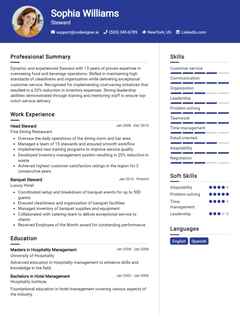 Steward CV Example For 2025: Strategies & Templates